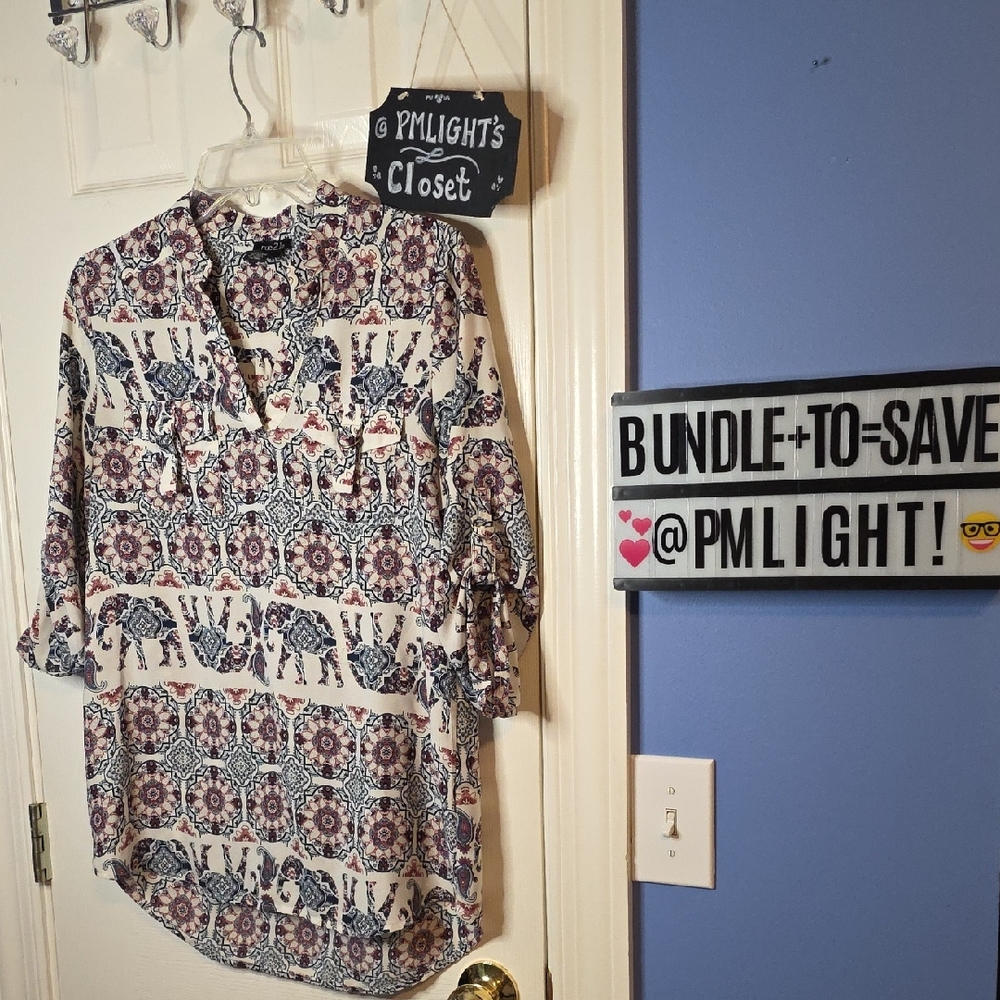 Rue21 Small Blouse Elephant Ogee Pattern Navy Gray Plum Pink